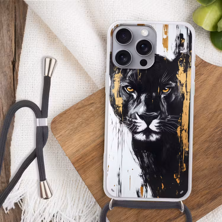 Panter - Zwart - Abstract - Verfstreken Hoesje iPhone 16 Pro Max met koord klein -sfeer4