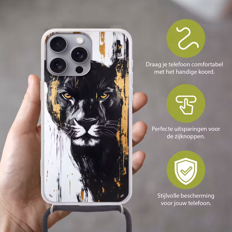 Panter - Zwart - Abstract - Verfstreken Hoesje iPhone 16 Pro Max met koord klein -sfeer2_NL