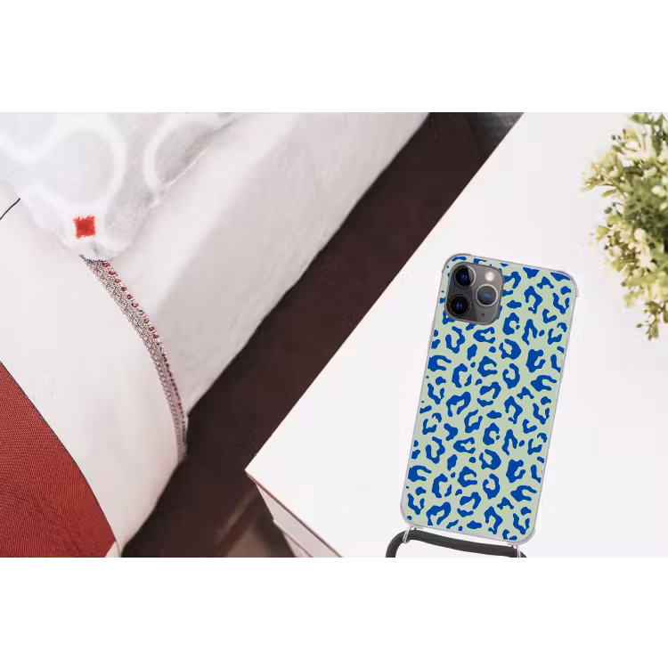 Panterprint - Blauw - Groen - Dierenprint Hoesje iPhone 12 Pro met koord klein -kamer