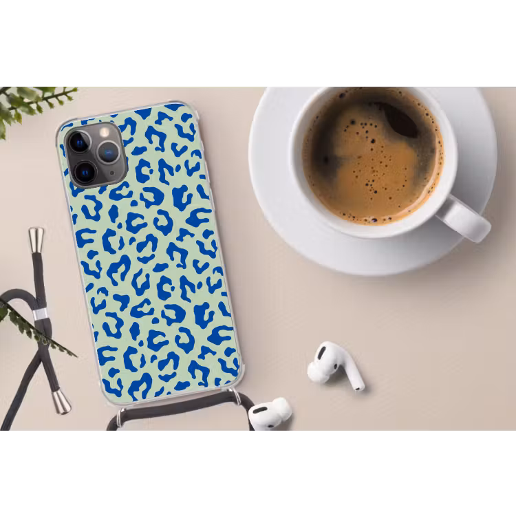 Panterprint - Blauw - Groen - Dierenprint Hoesje iPhone 12 Pro met koord klein -oordop