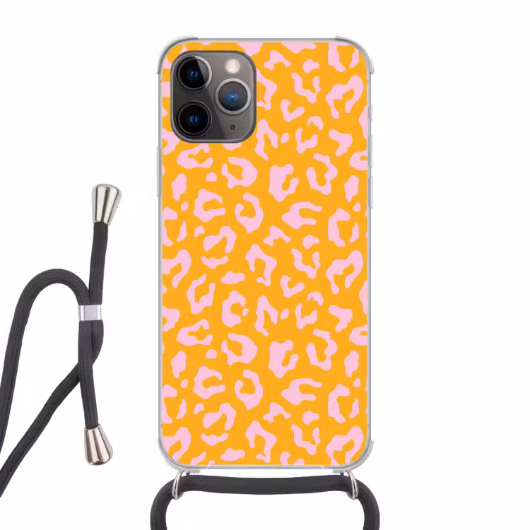 Panterprint - Oranje - Roze - Dierenprint Hoesje iPhone 12 Pro met koord klein -3d
