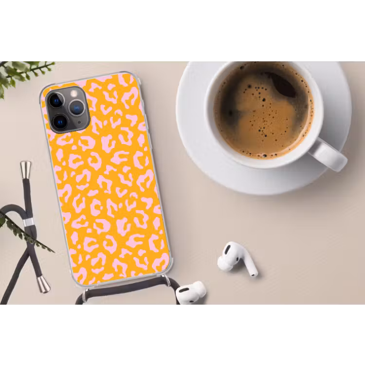 Panterprint - Oranje - Roze - Dierenprint Hoesje iPhone 12 Pro met koord klein -oordop
