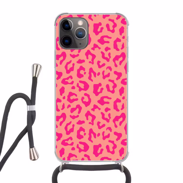 Panterprint - Roze - Dierenprint - Minimalistisch Hoesje iPhone 12 Pro met koord klein -3d
