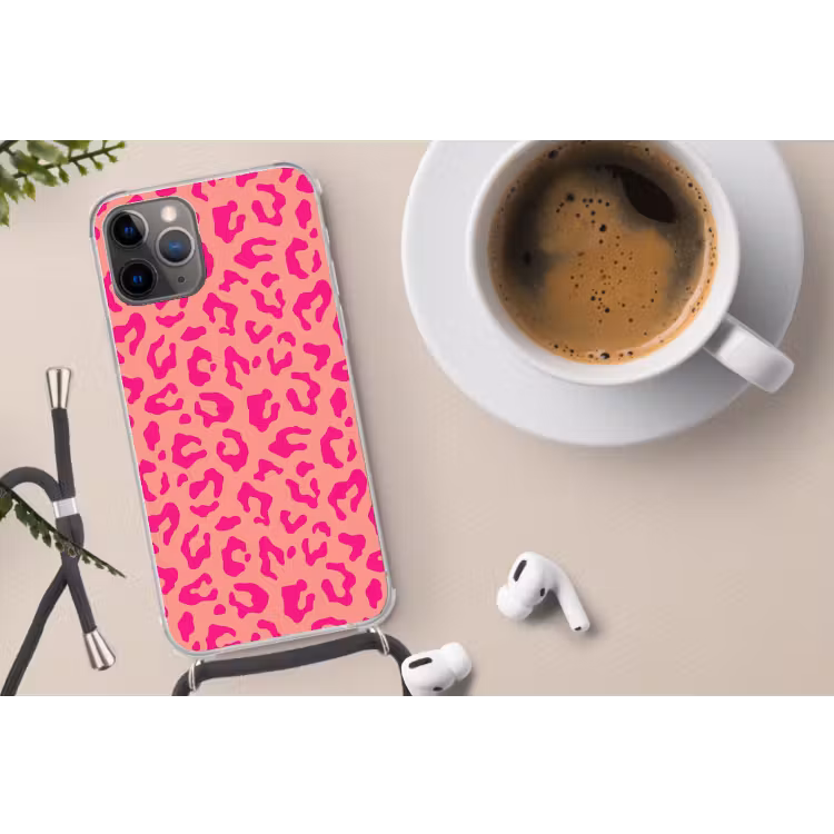 Panterprint - Roze - Dierenprint - Minimalistisch Hoesje iPhone 12 Pro met koord klein -oordop