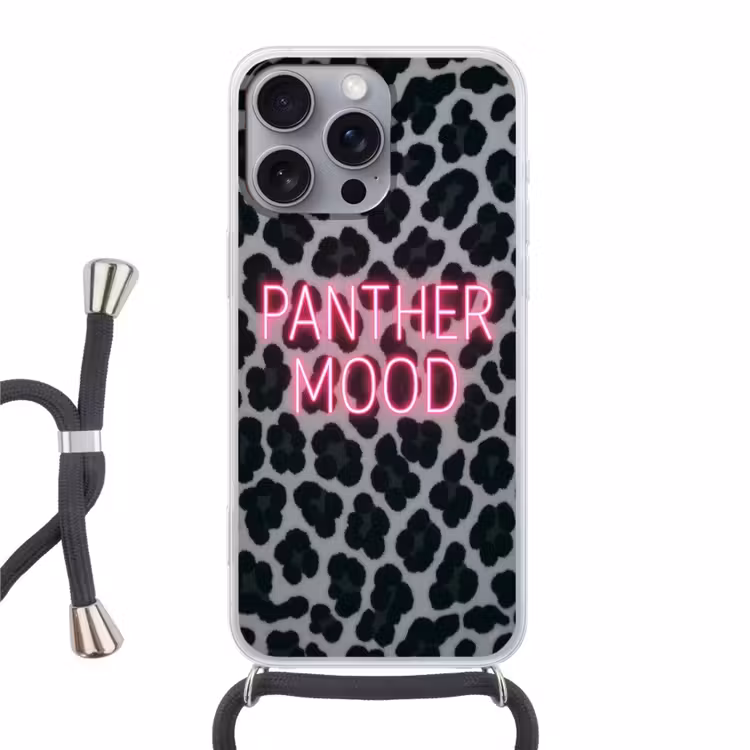 Panterprint - Zwart - Neonletters - Roze Hoesje iPhone 16 Pro Max met koord klein -3d
