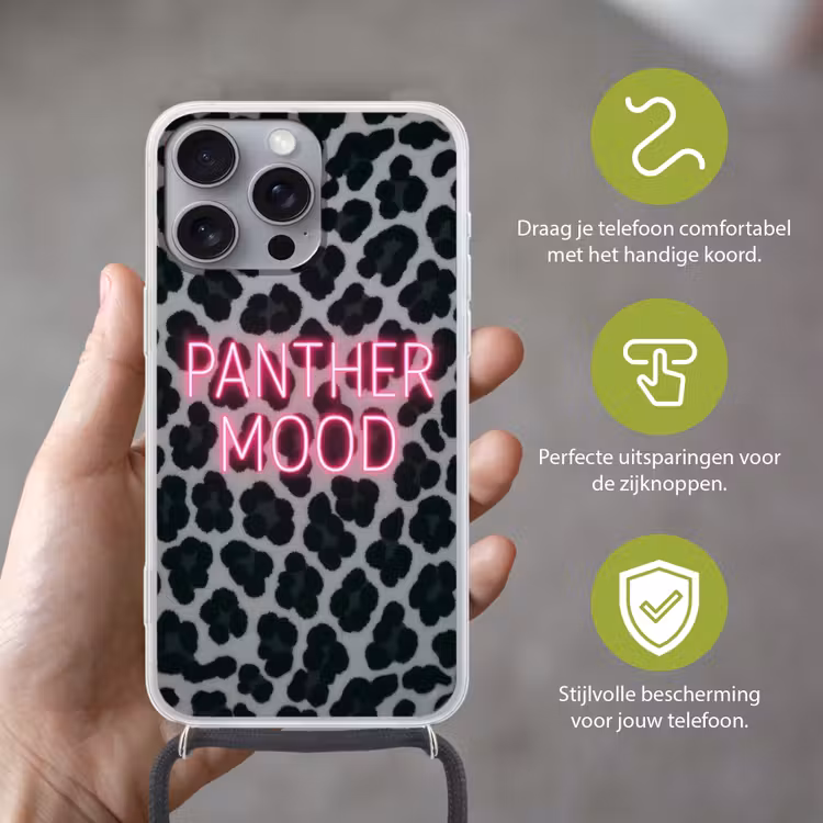 Panterprint - Zwart - Neonletters - Roze Hoesje iPhone 16 Pro Max met koord klein -sfeer2_NL