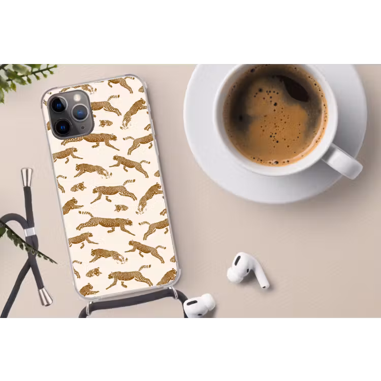 Panters - Dieren - Beige - Bruin - Patroon Hoesje iPhone 12 Pro met koord klein -oordop