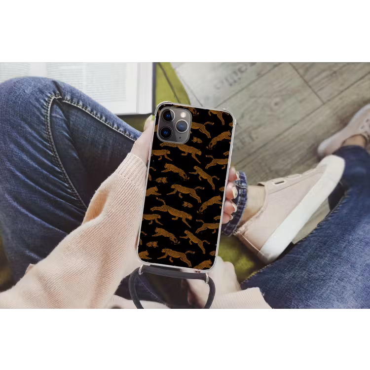 Panters - Patroon - Dieren - Zwart - Bruin Hoesje iPhone 12 Pro met koord klein -hand