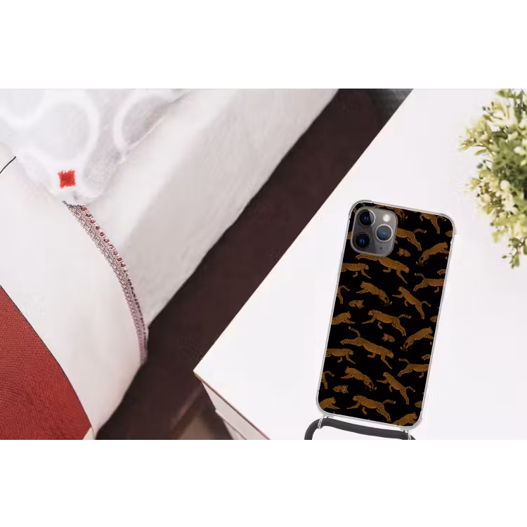 Panters - Patroon - Dieren - Zwart - Bruin Hoesje iPhone 12 Pro met koord klein -kamer