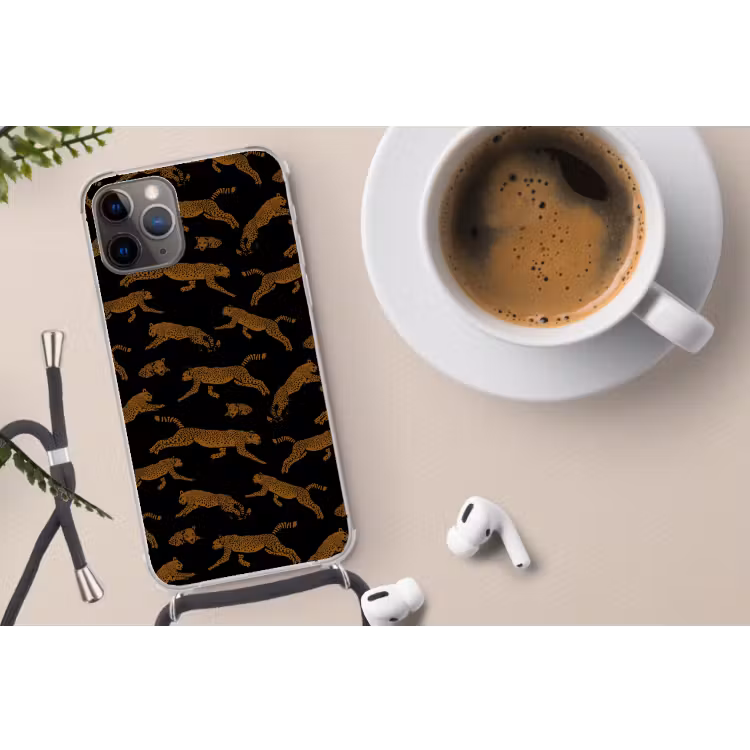 Panters - Patroon - Dieren - Zwart - Bruin Hoesje iPhone 12 Pro met koord klein -oordop