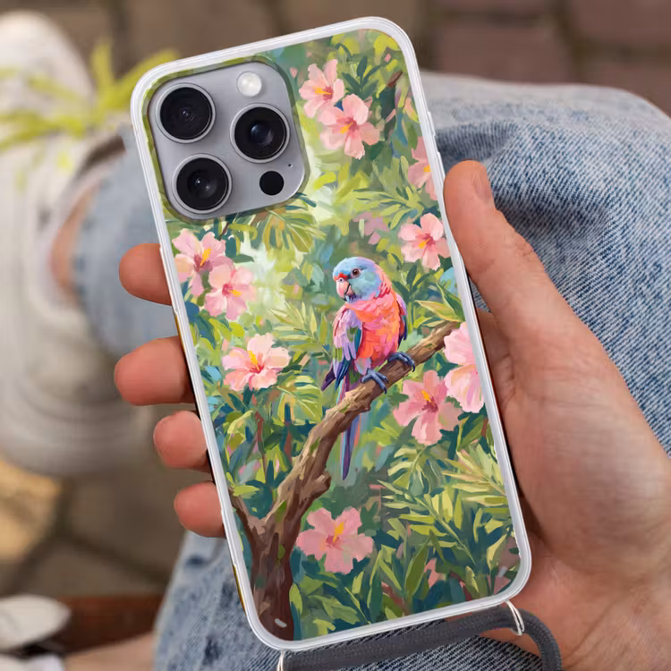 Papagaai - Hibiscusbloemen - Kleurrijk Hoesje iPhone 16 Pro Max met koord klein -sfeer3