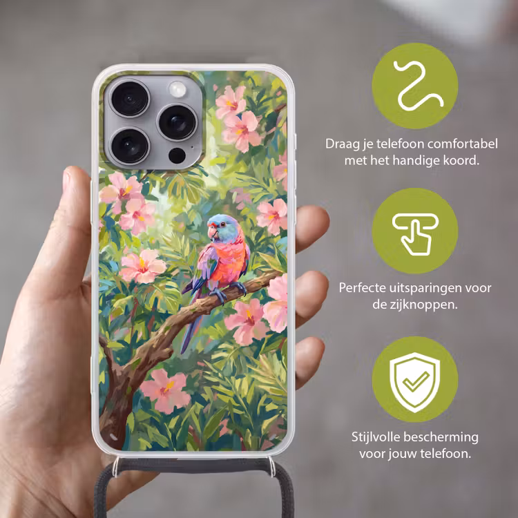 Papagaai - Hibiscusbloemen - Kleurrijk Hoesje iPhone 16 Pro Max met koord klein -sfeer2_NL