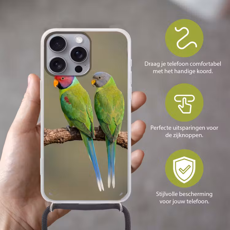 Papagaai - Tak - Natuur - Kleurrijk Hoesje iPhone 16 Pro Max met koord klein -sfeer2_NL