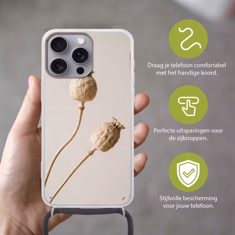 Papaverbollen - Droogbloemen - Minimalistisch - Beige - Rustig Hoesje iPhone 16 Pro Max met koord klein -sfeer2_NL