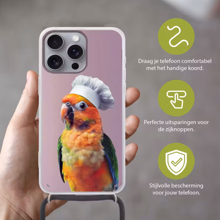 Papegaai - Koksmuts - Nieuwsgierig - Vogel Hoesje iPhone 16 Pro Max met koord klein -sfeer2_NL