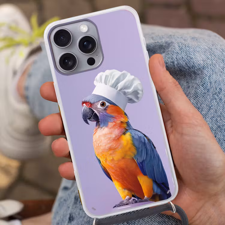 Papegaai - Koksmuts - Paars - Cute Hoesje iPhone 16 Pro Max met koord klein -sfeer3