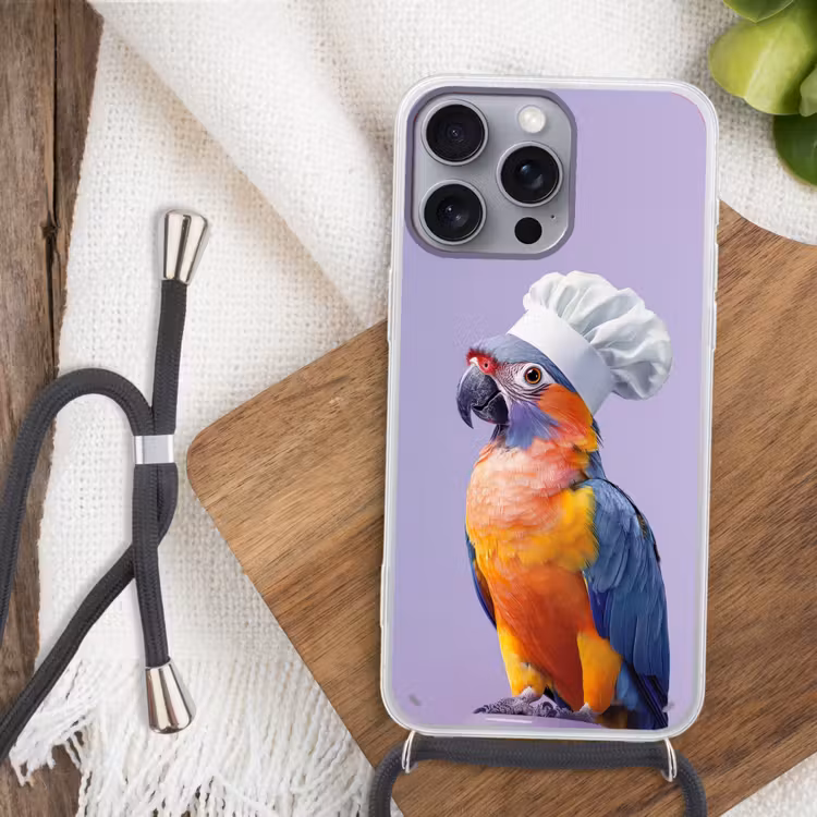 Papegaai - Koksmuts - Paars - Cute Hoesje iPhone 16 Pro Max met koord klein -sfeer4