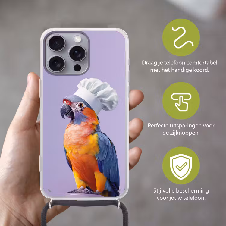 Papegaai - Koksmuts - Paars - Cute Hoesje iPhone 16 Pro Max met koord klein -sfeer2_NL