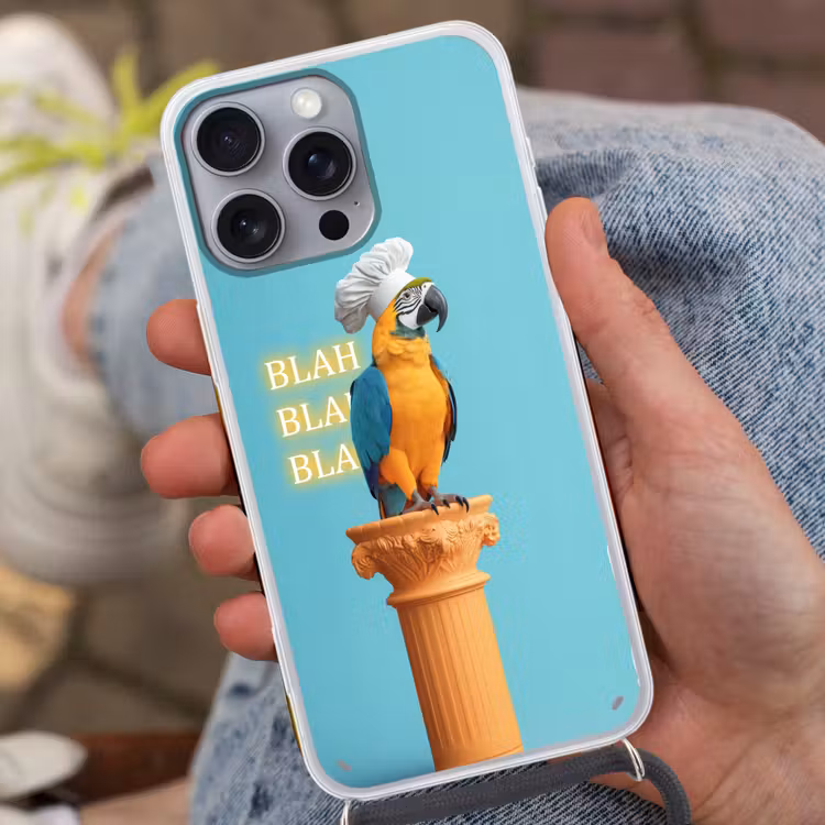 Papegaai - Koksmuts - Quote - Neon Hoesje iPhone 16 Pro Max met koord klein -sfeer3