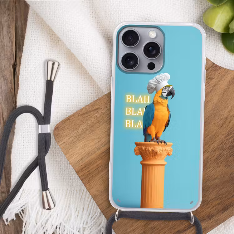 Papegaai - Koksmuts - Quote - Neon Hoesje iPhone 16 Pro Max met koord klein -sfeer4