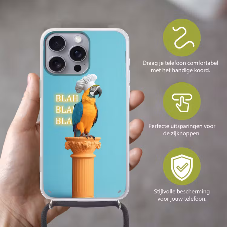 Papegaai - Koksmuts - Quote - Neon Hoesje iPhone 16 Pro Max met koord klein -sfeer2_NL