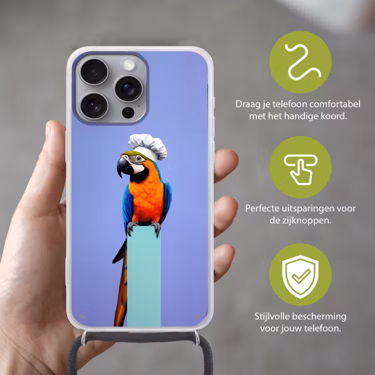 Papegaai - Koksmuts - Vogel - Leuk Hoesje iPhone 16 Pro Max met koord klein -sfeer2_NL