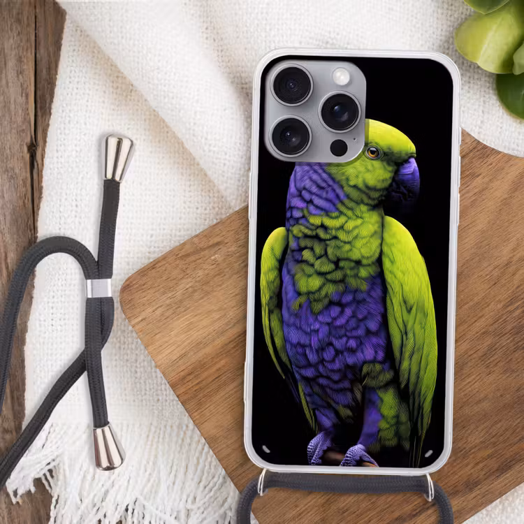 Papegaai - Veren - Opvallend - Groen Hoesje iPhone 16 Pro Max met koord klein -sfeer4