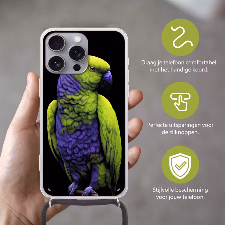 Papegaai - Veren - Opvallend - Groen Hoesje iPhone 16 Pro Max met koord klein -sfeer2_NL