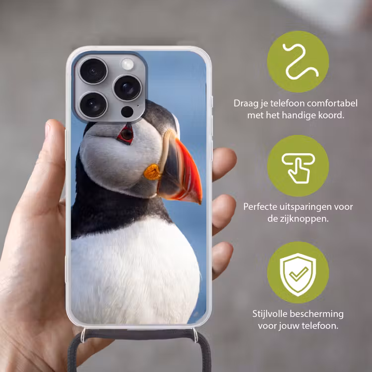 Papegaaiduiker - Portret - Natuur Hoesje iPhone 16 Pro Max met koord klein -sfeer2_NL