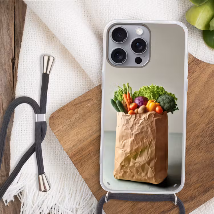 Papieren - Boodschappen - Groente - Kleurrijk Hoesje iPhone 16 Pro Max met koord klein -sfeer4
