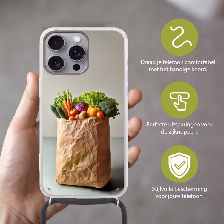 Papieren - Boodschappen - Groente - Kleurrijk Hoesje iPhone 16 Pro Max met koord klein -sfeer2_NL
