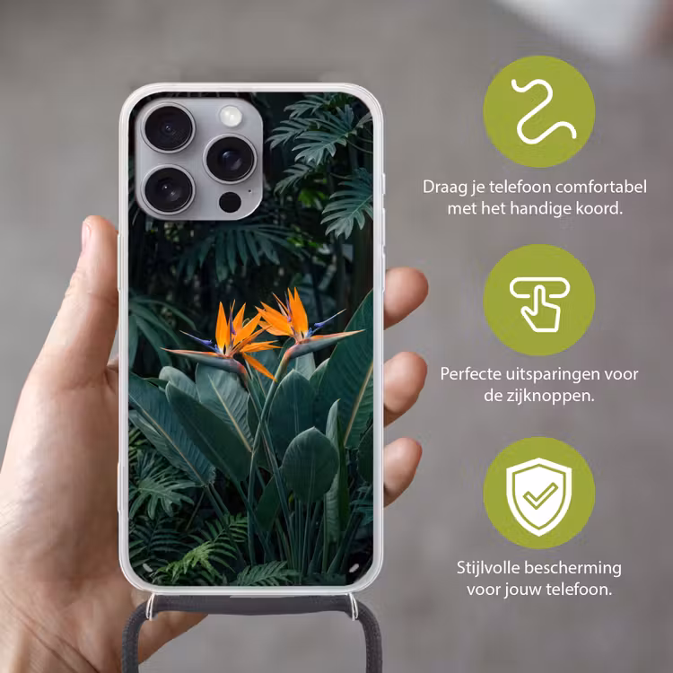 Paradijsvogel - Bloem - Exotisch Hoesje iPhone 16 Pro Max met koord klein -sfeer2_NL