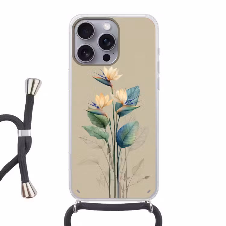 Paradijsvogelbloemen - Blauwgroene bladeren - Beige Hoesje iPhone 16 Pro Max met koord klein -3d