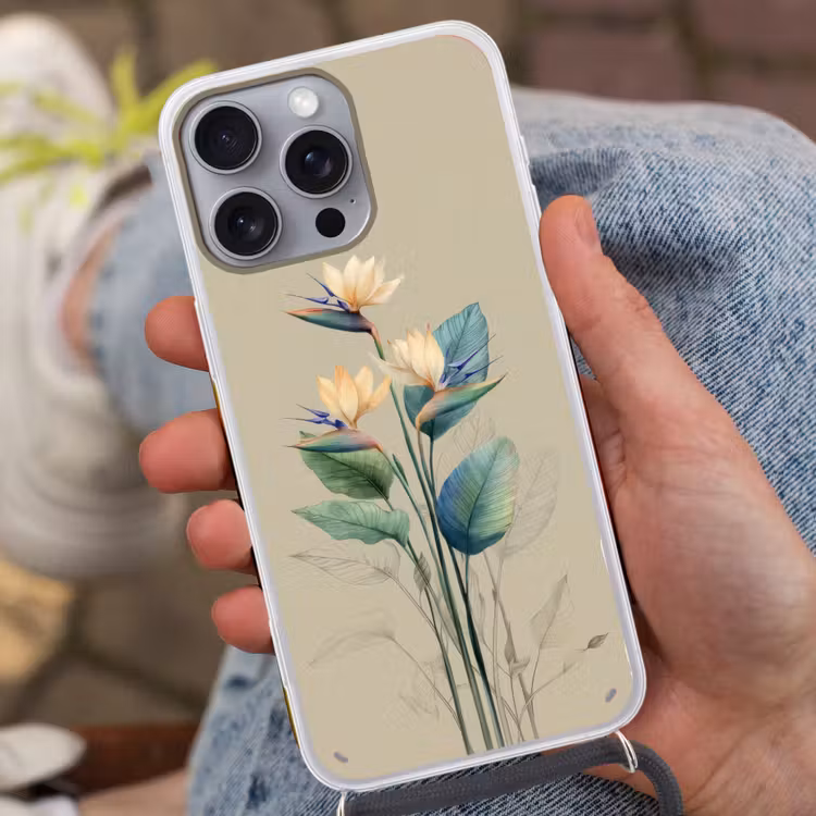 Paradijsvogelbloemen - Blauwgroene bladeren - Beige Hoesje iPhone 16 Pro Max met koord klein -sfeer3
