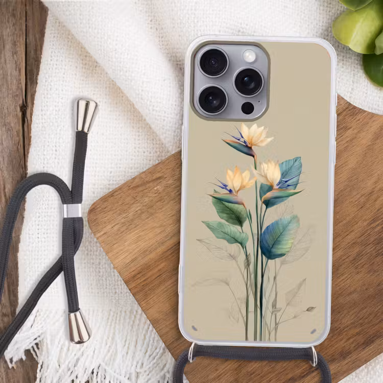 Paradijsvogelbloemen - Blauwgroene bladeren - Beige Hoesje iPhone 16 Pro Max met koord klein -sfeer4