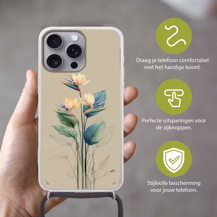 Paradijsvogelbloemen - Blauwgroene bladeren - Beige Hoesje iPhone 16 Pro Max met koord klein -sfeer2_NL