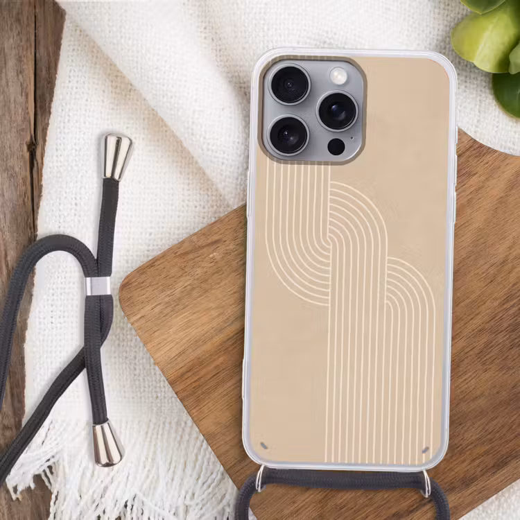 Parallelle lijnen - Lichte textuur - Beige Hoesje iPhone 16 Pro Max met koord klein -sfeer4