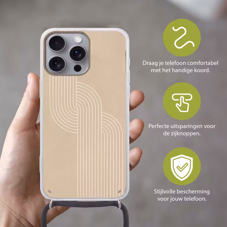 Parallelle lijnen - Lichte textuur - Beige Hoesje iPhone 16 Pro Max met koord klein -sfeer2_NL