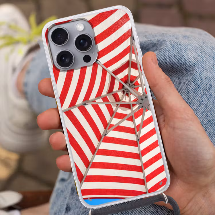 Parasol - Strepen - Zomer - Rood - Blauw Hoesje iPhone 16 Pro Max met koord klein -sfeer3