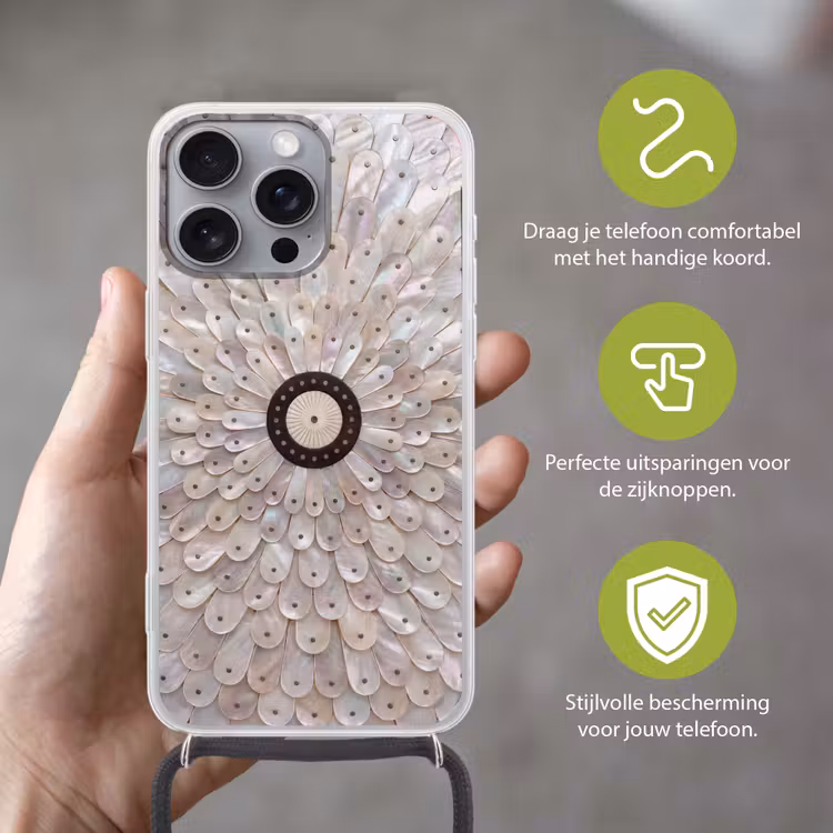 Parelmoer - Patroon - Decoratie - Ambacht - Wit Hoesje iPhone 16 Pro Max met koord klein -sfeer2_NL