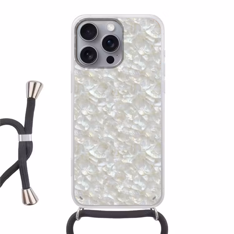 Parelmoerglans - Wit - Schelp Hoesje iPhone 16 Pro Max met koord klein 804 -3d