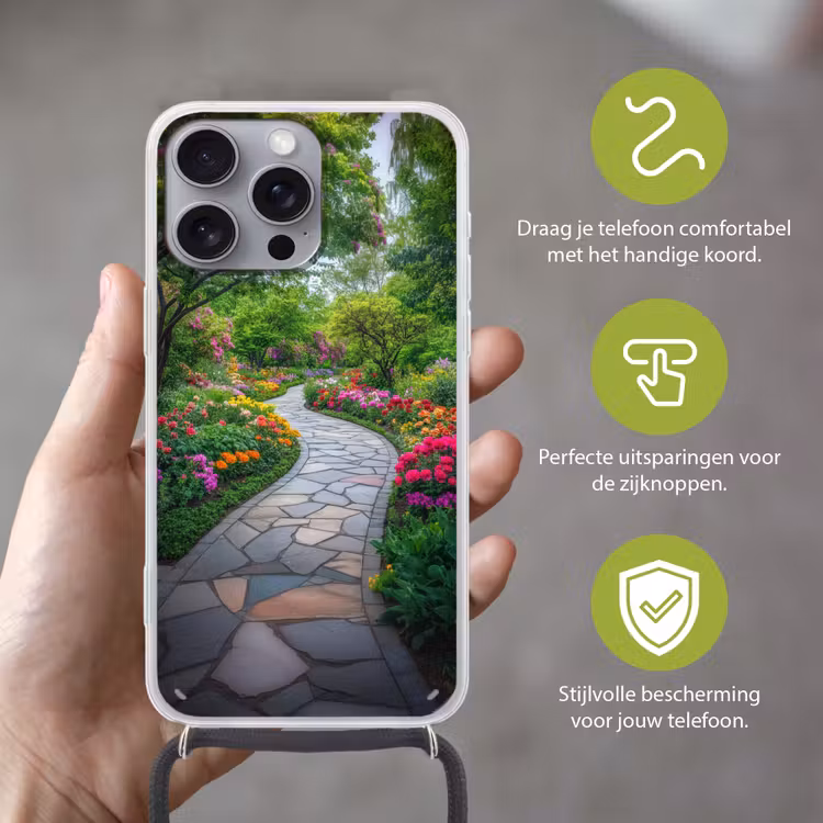 Park - Bloemen - Tuin Hoesje iPhone 16 Pro Max met koord klein -sfeer2_NL