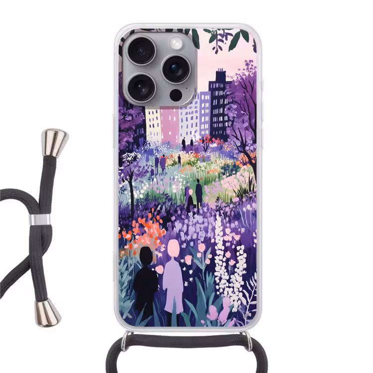 Park - Bomen - Bloemen - Gebouwen Hoesje iPhone 16 Pro Max met koord klein -3d