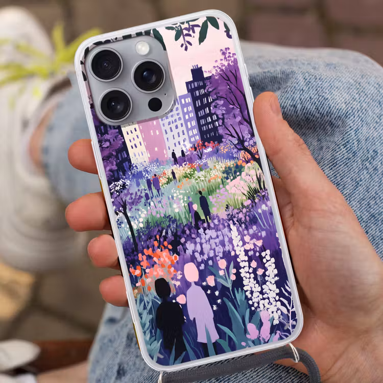 Park - Bomen - Bloemen - Gebouwen Hoesje iPhone 16 Pro Max met koord klein -sfeer3