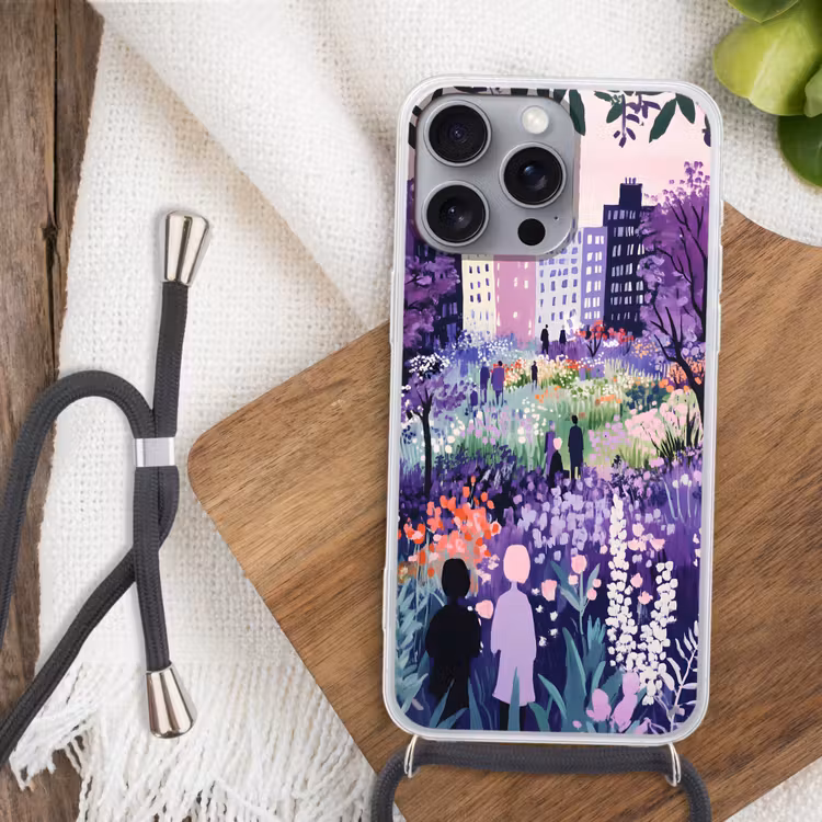 Park - Bomen - Bloemen - Gebouwen Hoesje iPhone 16 Pro Max met koord klein -sfeer4