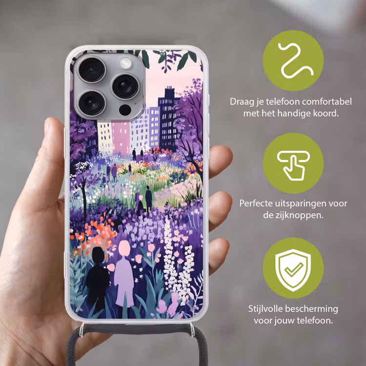 Park - Bomen - Bloemen - Gebouwen Hoesje iPhone 16 Pro Max met koord klein -sfeer2_NL