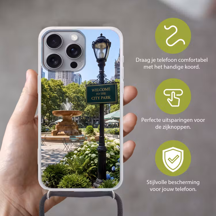 Park - Fontein - Stad - Natuur Hoesje iPhone 16 Pro Max met koord klein -sfeer2_NL