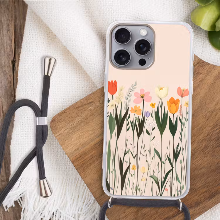 Pasteltinten - Bloemen - Illustratie Hoesje iPhone 16 Pro Max met koord klein -sfeer4