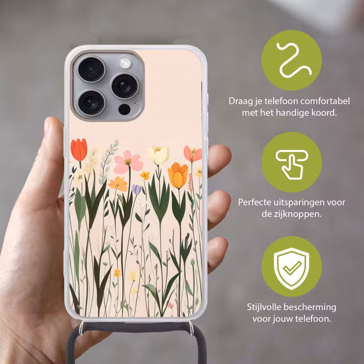 Pasteltinten - Bloemen - Illustratie Hoesje iPhone 16 Pro Max met koord klein -sfeer2_NL
