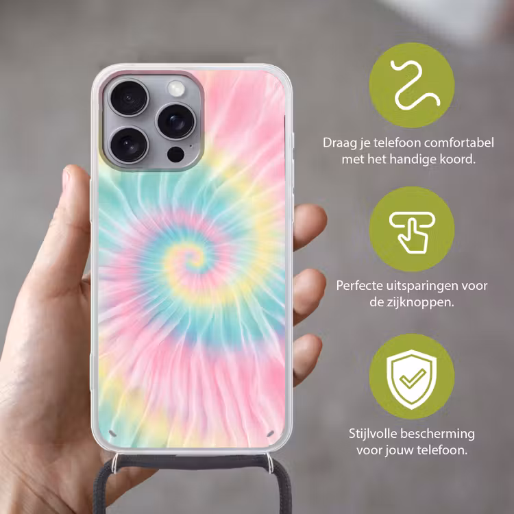 Pasteltinten - Tie dye - Roze Hoesje iPhone 16 Pro Max met koord klein -sfeer2_NL